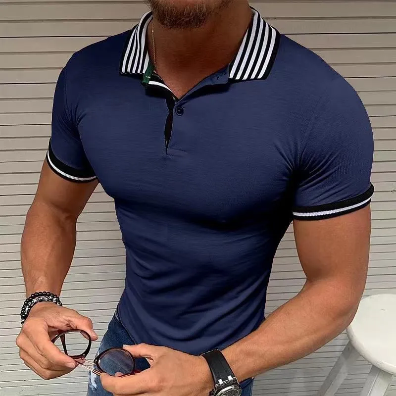 Men's Striped Lapel Solid Color Short Sleeve Polo Shirt 92056343Z sold by Manly product image thumbnail 2