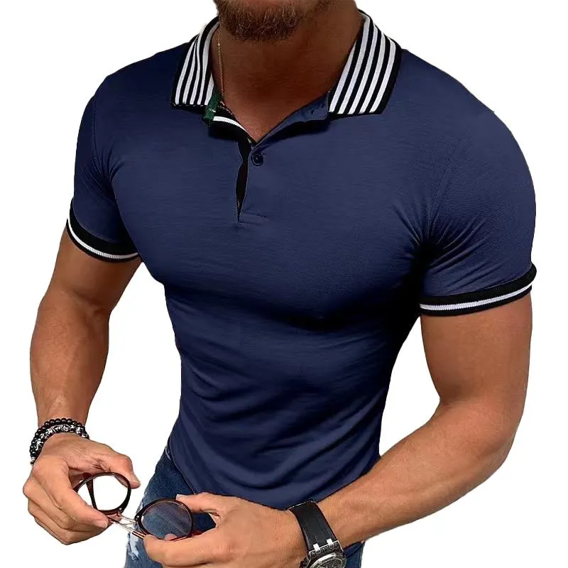 Men's Striped Lapel Solid Color Short Sleeve Polo Shirt 92056343Z sold by Manly