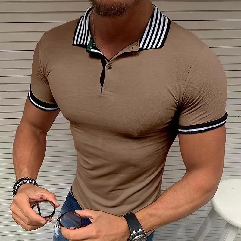 Men's Striped Lapel Solid Color Short Sleeve Polo Shirt 92056343Z sold by Manly product image thumbnail 5