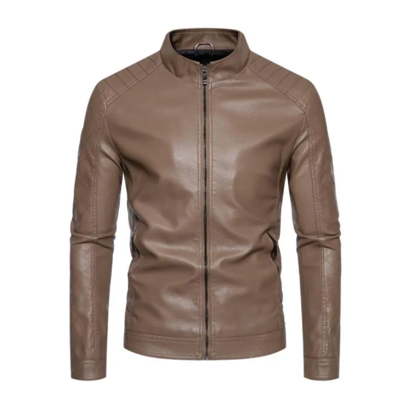 Men's Vintage Stand Collar Slim Fit Zippered Motorcycle Leather Jacket 93998213M sold by Manly