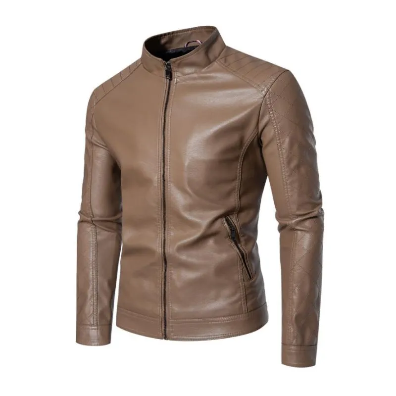 Men's Vintage Stand Collar Slim Fit Zippered Motorcycle Leather Jacket 93998213M sold by Manly product image thumbnail 2