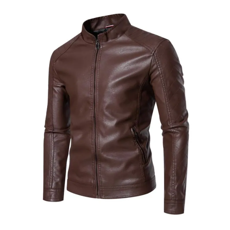 Men's Vintage Stand Collar Slim Fit Zippered Motorcycle Leather Jacket 93998213M sold by Manly product image thumbnail 5
