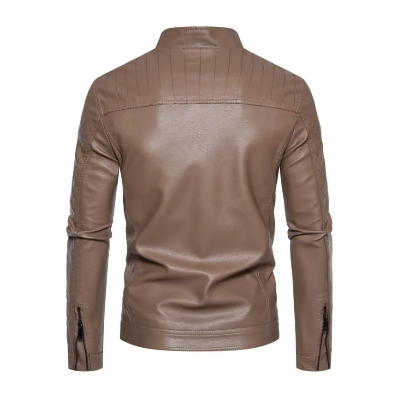 Men's Vintage Stand Collar Slim Fit Zippered Motorcycle Leather Jacket 93998213M sold by Manly product image thumbnail 3