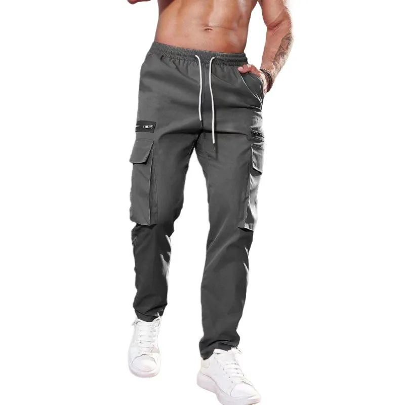 Men's Solid Multi-pocket Zipper Elastic Waist Cargo Pants 89152531Z sold by Manly