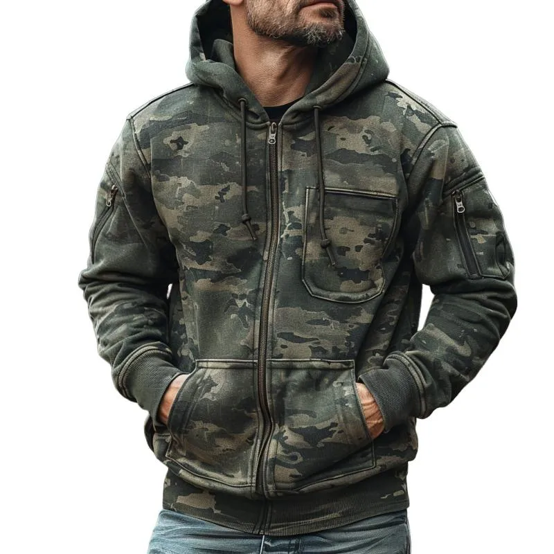 【24-hour shipping】Men's Camouflage Print Chest Pocket Hooded Sweatshirt Jacket 55874843Y sold by Manly