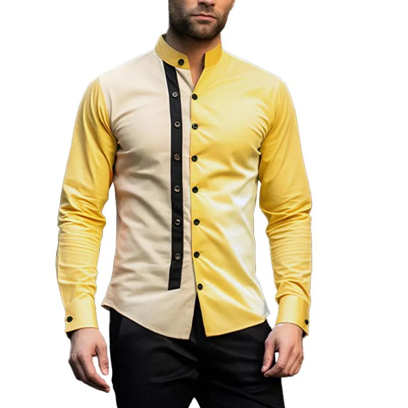 Men's Casual Color Block Stand Collar Slim Fit Long Sleeve Shirt 82440980M sold by Manly
