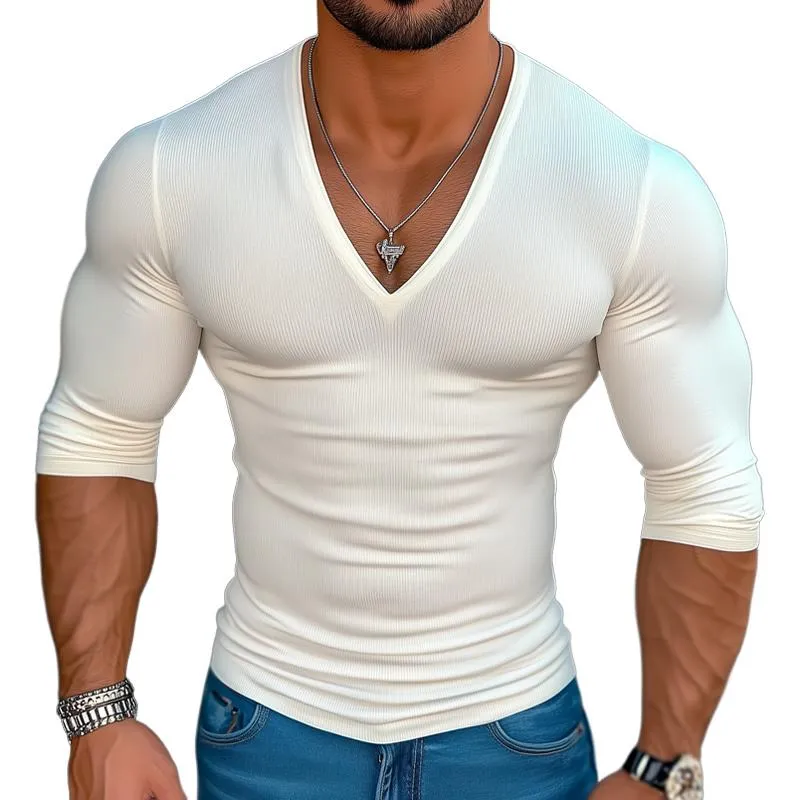 Men's Solid Striped V Neck Long Sleeve Casual T-shirt 78529257Z sold by Manly