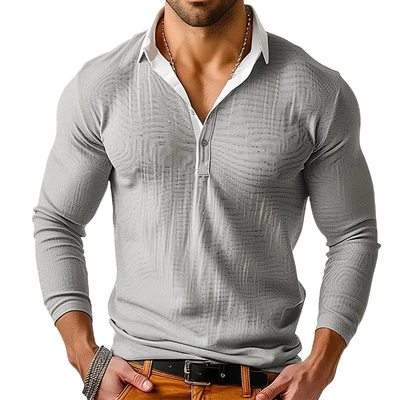 Men's Retro Casual Colorblock Lapel Long Sleeve T-Shirt 47758159TO sold by Manly