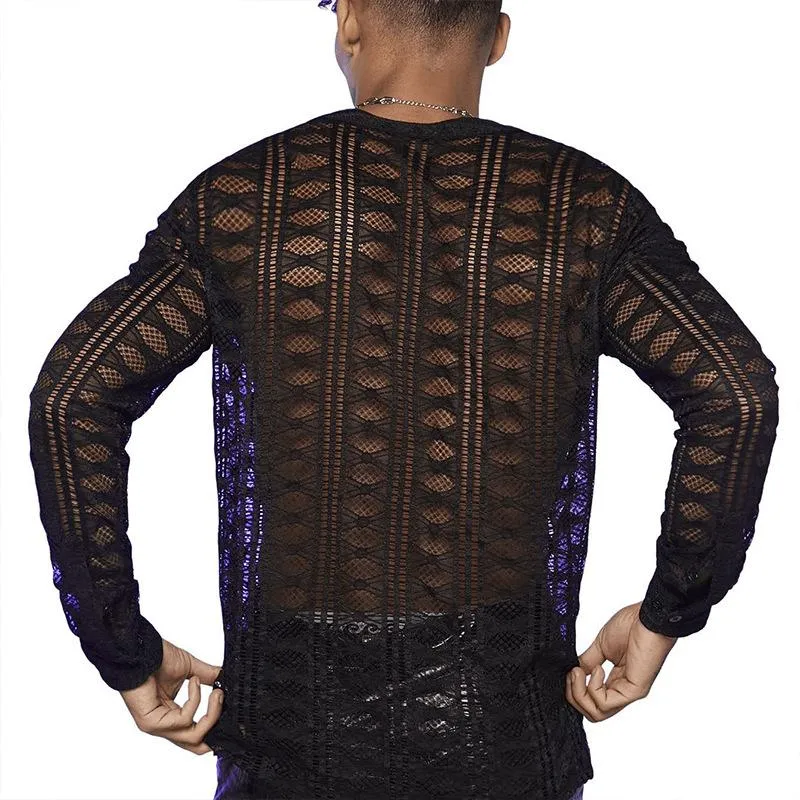 Men's Sexy Deep V-Neck Mesh Hollow Slim Long Sleeve T-shirt 62434116M sold by Manly product image thumbnail 4