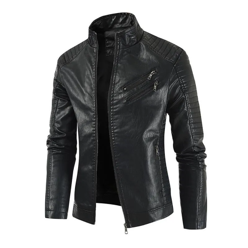 Men's Retro Motorcycle Zip Stand Collar Leather Jacket 56473764Y sold by Manly