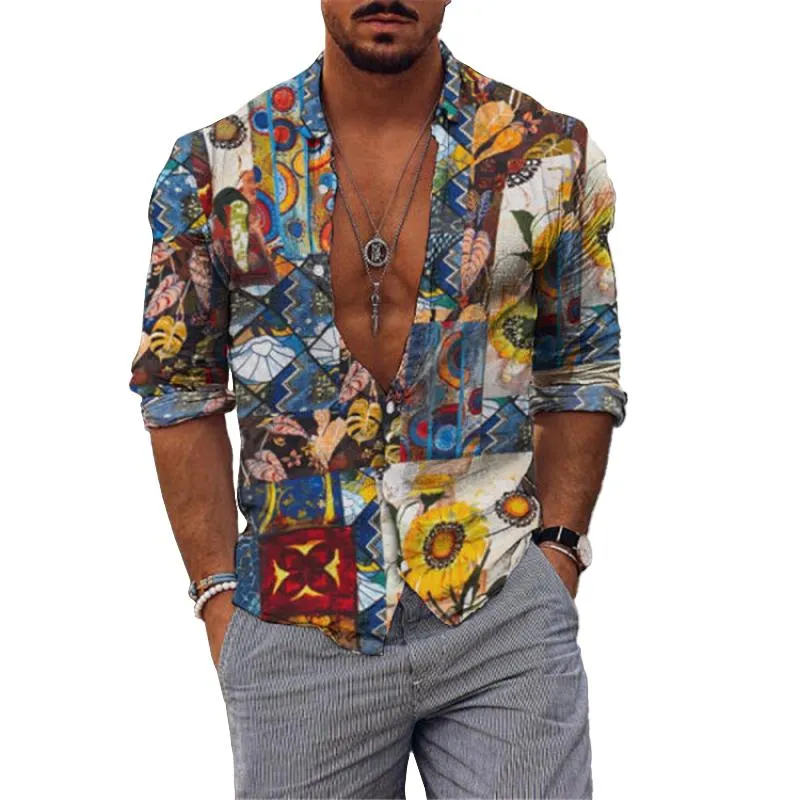 Men's Printed Lapel Long Sleeve Casual Shirt 82889840Z sold by Manly