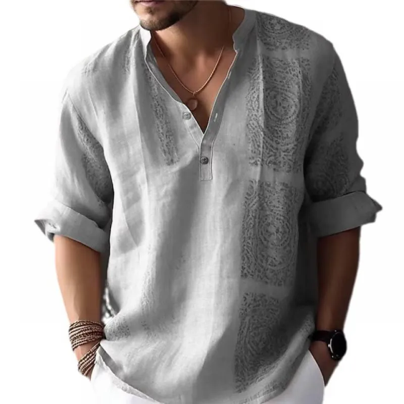 Men's Printed Loose Stand Collar Long Sleeve Shirt 71303257Z sold by Manly