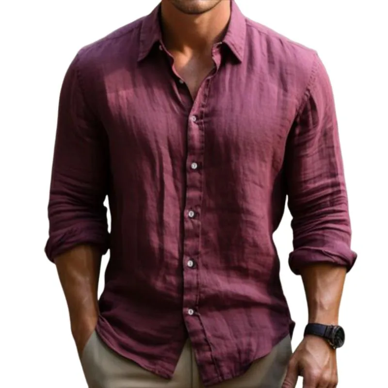 Men's Retro Casual Solid Color Cotton and Linen Lapel Long Sleeve Shirt 13870524TO sold by Manly