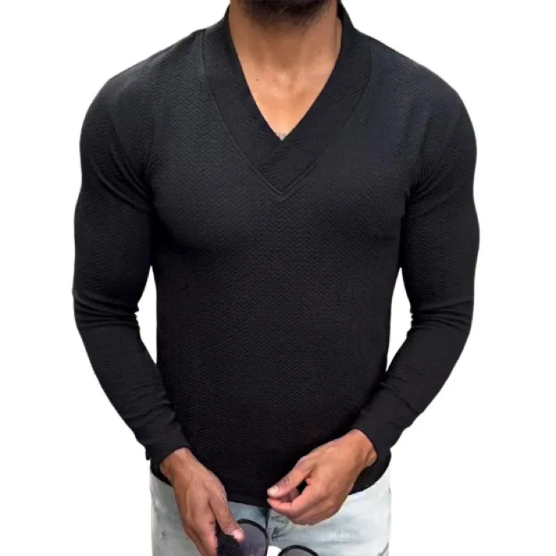Men's Retro Casual Solid Color V-Neck Long Sleeve T-Shirt 72473928TO sold by Manly