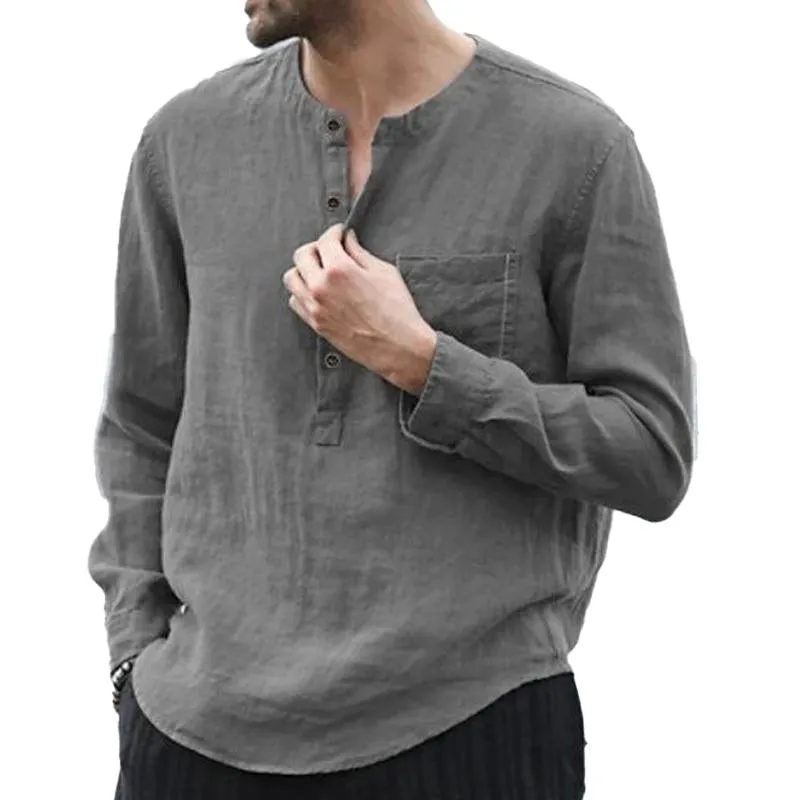 Men's Casual Cotton Linen Chest Pocket Henley Collar Long Sleeve Shirt 64305490Y sold by Manly