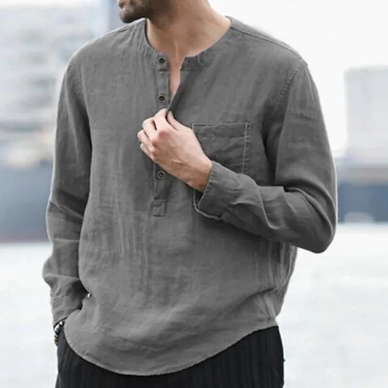 Men's Casual Cotton Linen Chest Pocket Henley Collar Long Sleeve Shirt 64305490Y sold by Manly product image thumbnail 2