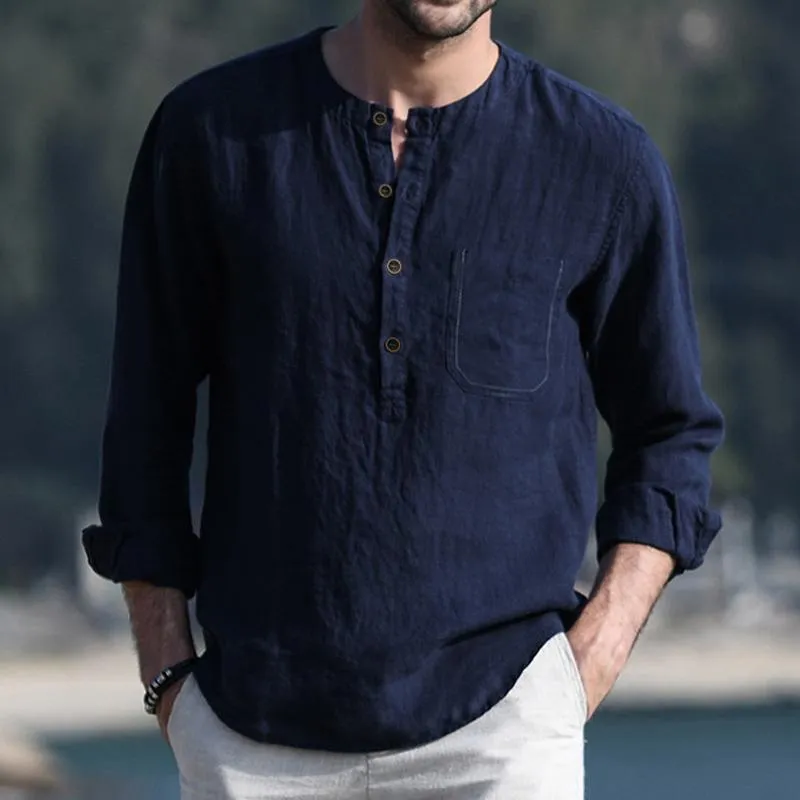 Men's Casual Cotton Linen Chest Pocket Henley Collar Long Sleeve Shirt 64305490Y sold by Manly product image thumbnail 4