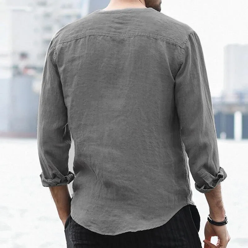 Men's Casual Cotton Linen Chest Pocket Henley Collar Long Sleeve Shirt 64305490Y sold by Manly product image thumbnail 3