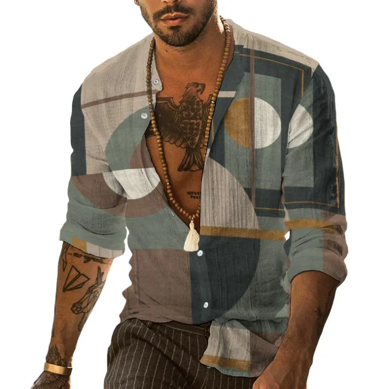 Men's Casual Geometric Contrast Stand Collar Shirt 75939307TO sold by Manly