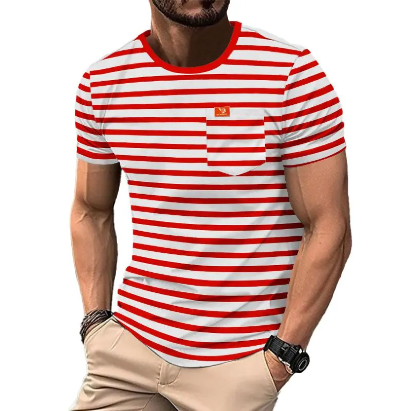 Men's Retro Striped Chest Pocket Short Sleeved T-Shirt 89640800Y sold by Manly