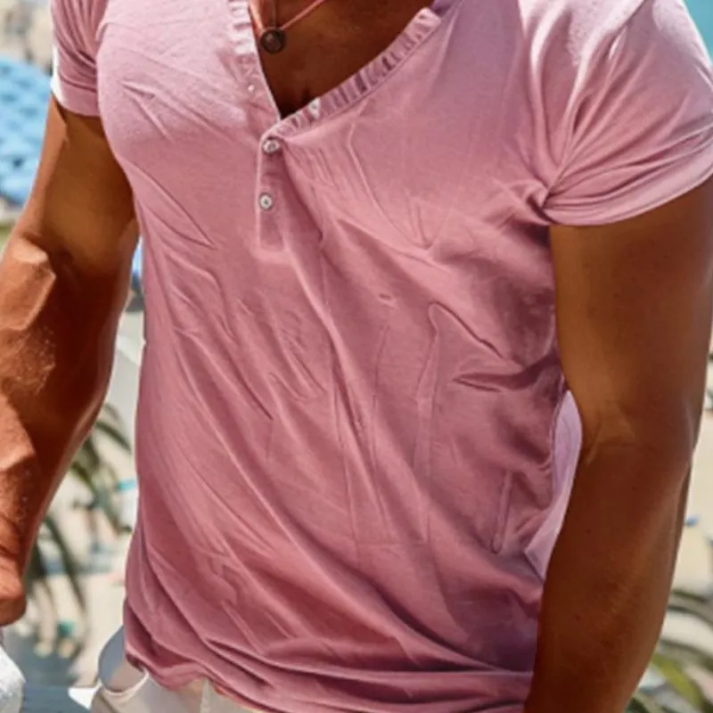 Men's Solid Buttons V Neck Short Sleeve T-shirt 68774969Z sold by Manly product image thumbnail 3