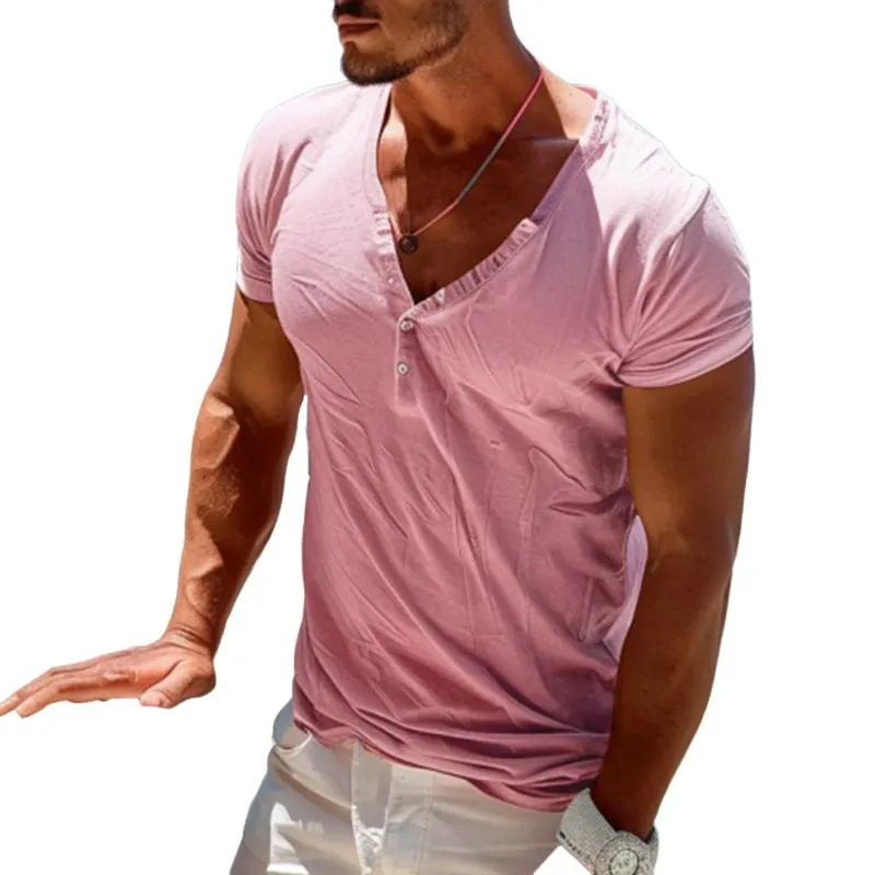 Men's Solid Buttons V Neck Short Sleeve T-shirt 68774969Z sold by Manly