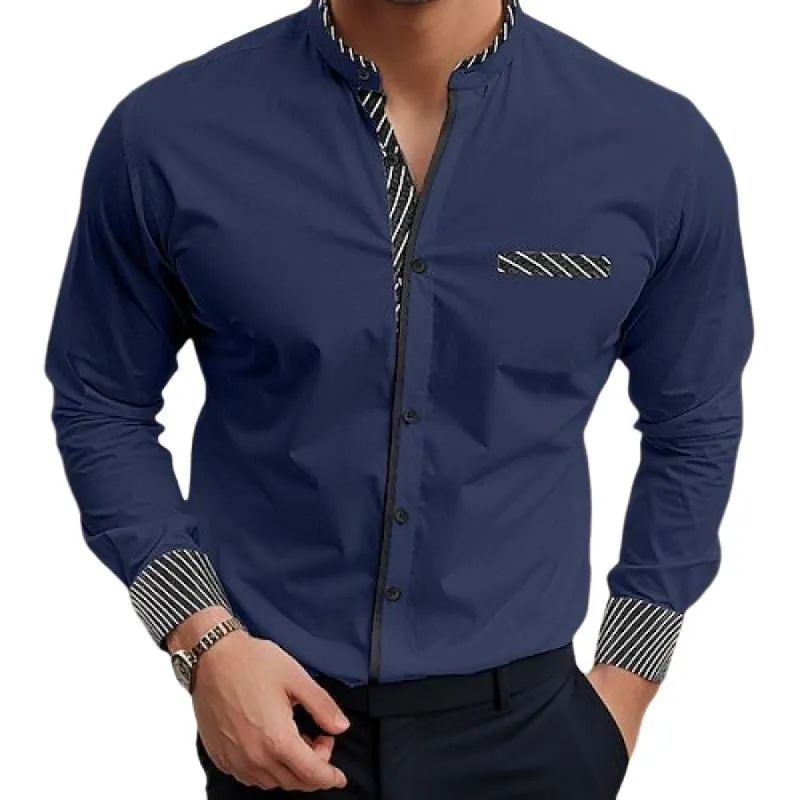 Men's Striped Stitching Stand Collar Long Sleeve Shirt 77195978Z sold by Manly