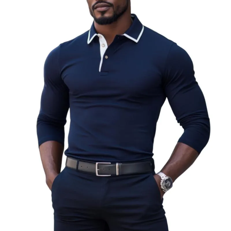 Men's Casual Contrast Color Cotton Blend Lapel Slim Fit Long Sleeve Polo Shirt 17223365M sold by Manly