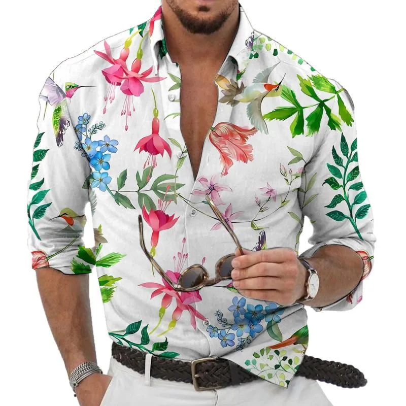 Men's Hawaiian Floral Print Long Sleeve Lapel Shirt 91670035X sold by Manly