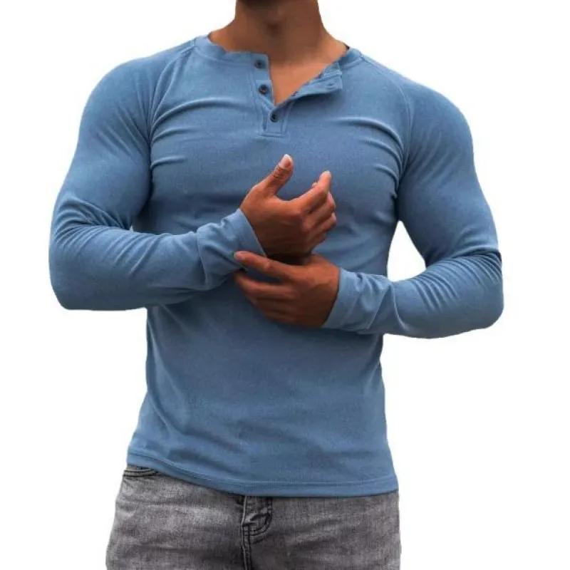 Men's Solid Henley Collar Long Sleeve Casual T-shirt 70366534Z sold by Manly