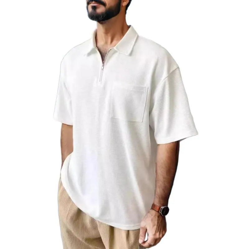 Men's Solid Color Waffle Zipper Short Sleeve Polo Shirt 38756457Y sold by Manly