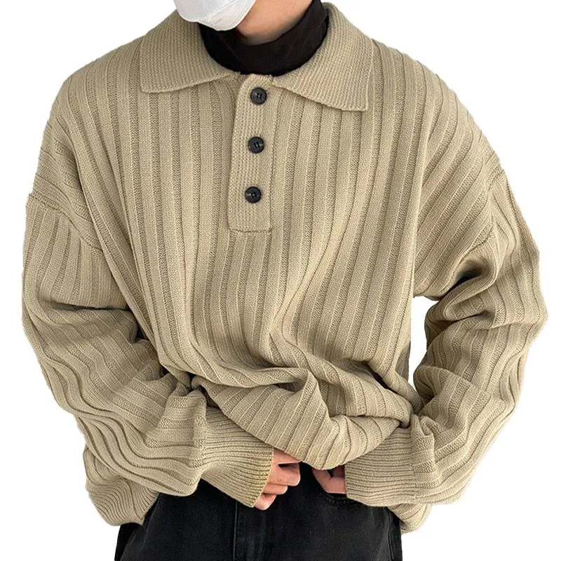 Men's Loose Casual Lapel Pit Striped Sweater 99042435X sold by Manly
