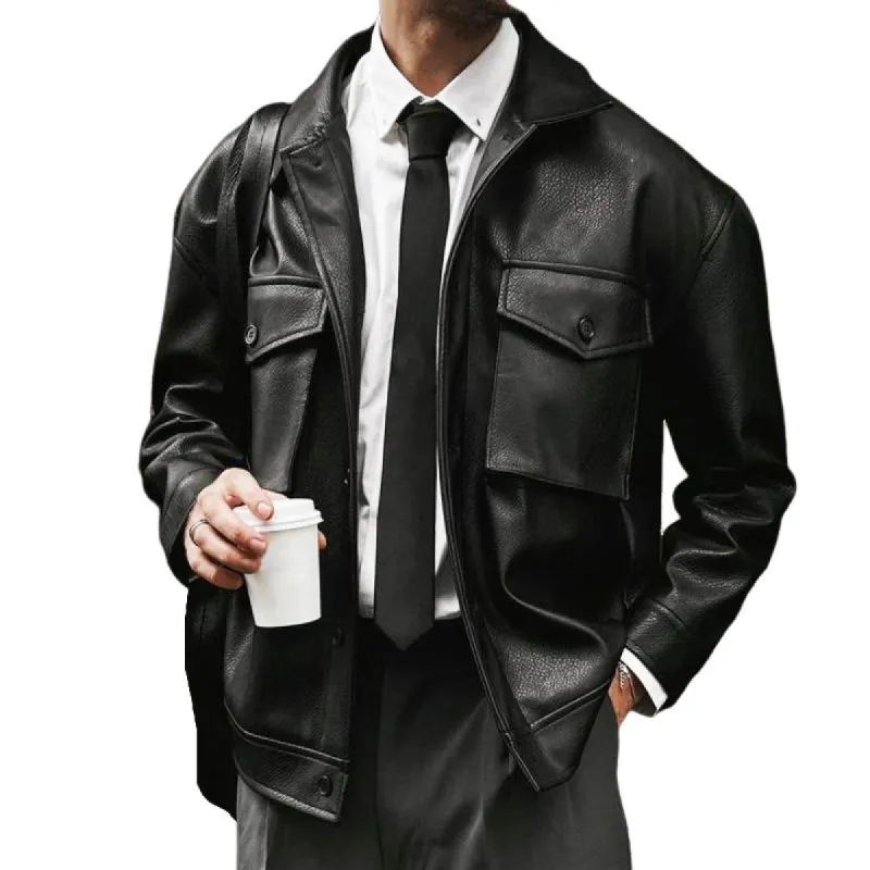 Men's Retro Casual Solid Color Lapel Leather Jacket 71600840TO sold by Manly