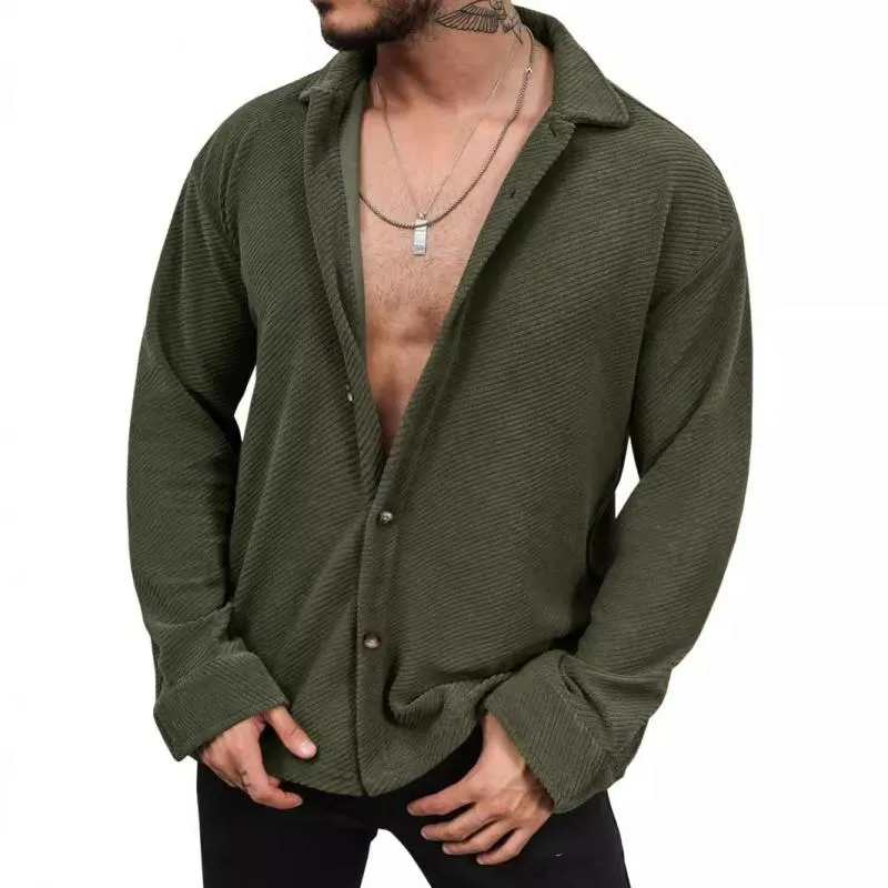 Men's Solid Color Corduroy Lapel Long Sleeve Loose Shirt 37292012Z sold by Manly
