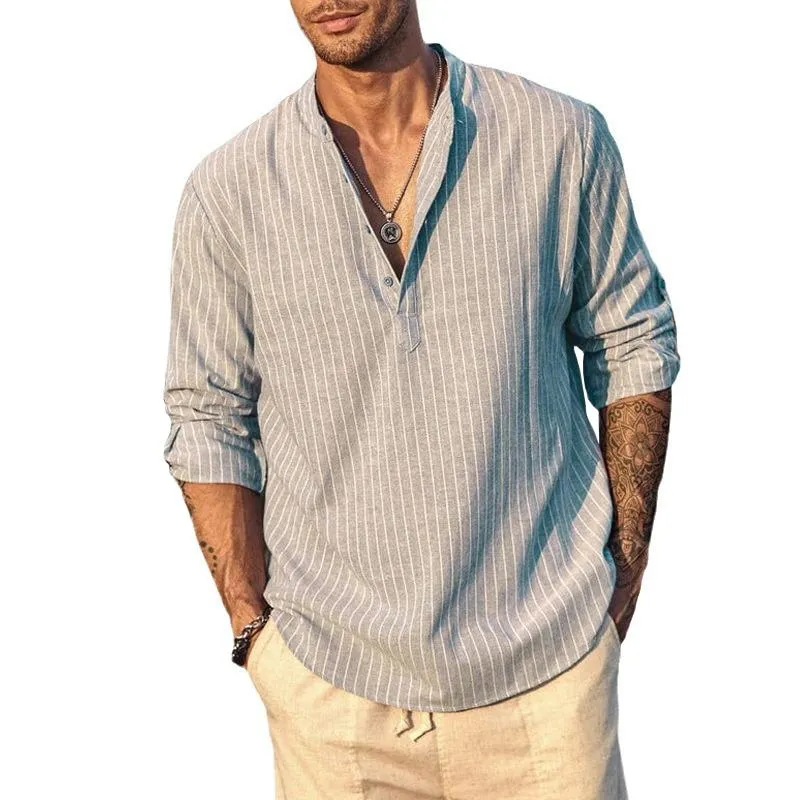 Men's Striped Henley Collar Long Sleeve Casual Shirt 44344587Z sold by Manly