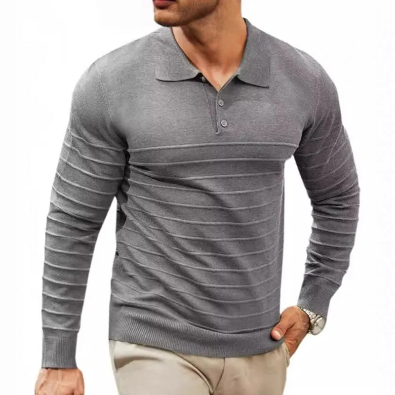 Men's Solid Knitted Lapel Long Sleeve Polo Shirt 04565624Z sold by Manly