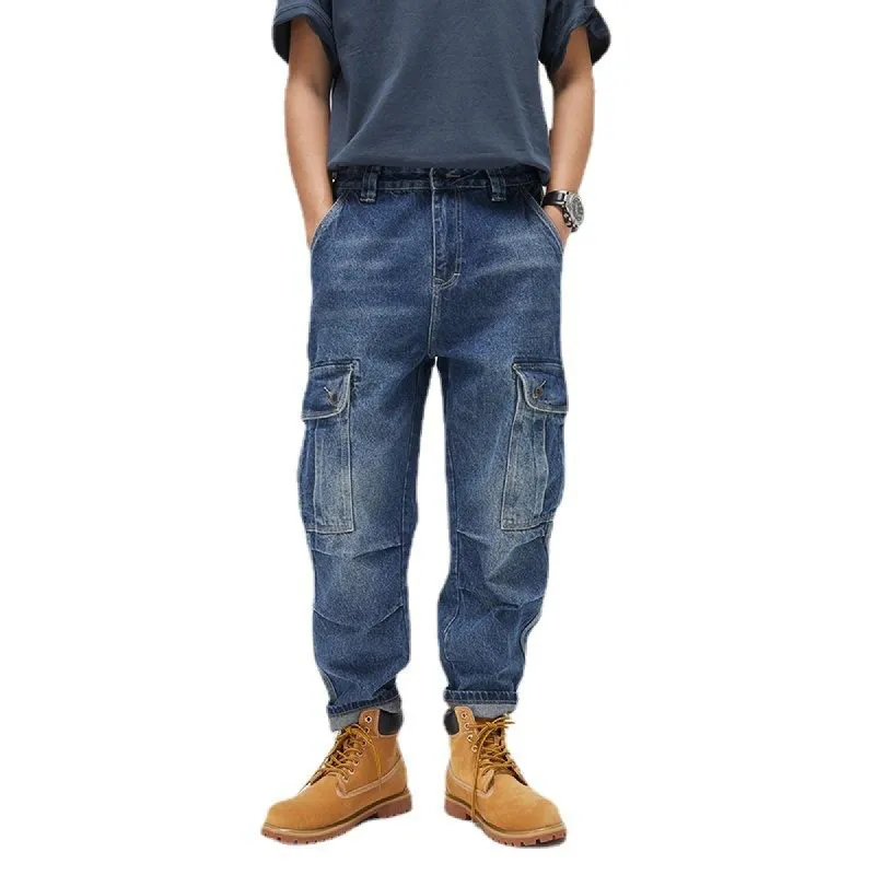 Men's Vintage Washed Multi-Pocket Loose Cargo Denim Straight Pants 51679875M sold by Manly