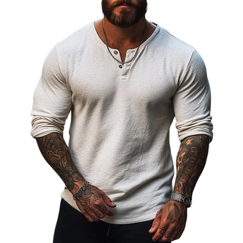 Men's Vintage Casual Henley Long Sleeve T-Shirt 19051896TO sold by Manly