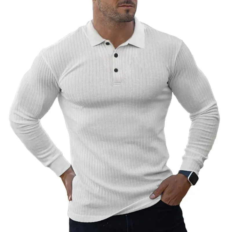 Men's Solid Striped Lapel Long Sleeve Polo Shirt 5432756Z sold by Manly