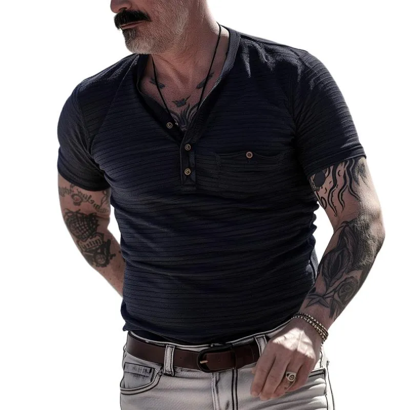 Men's Solid Striped Henley Collar Short Sleeve T-shirt 08563788Z sold by Manly