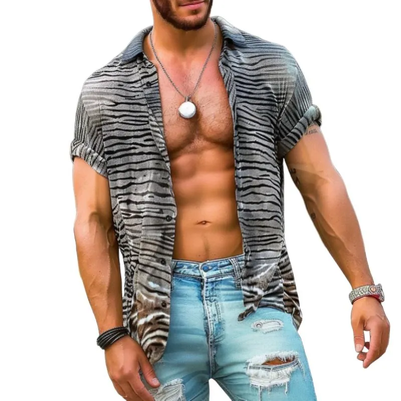 Men's Casual Zebra Print Lapel Short Sleeve Shirt 78439614TO sold by Manly