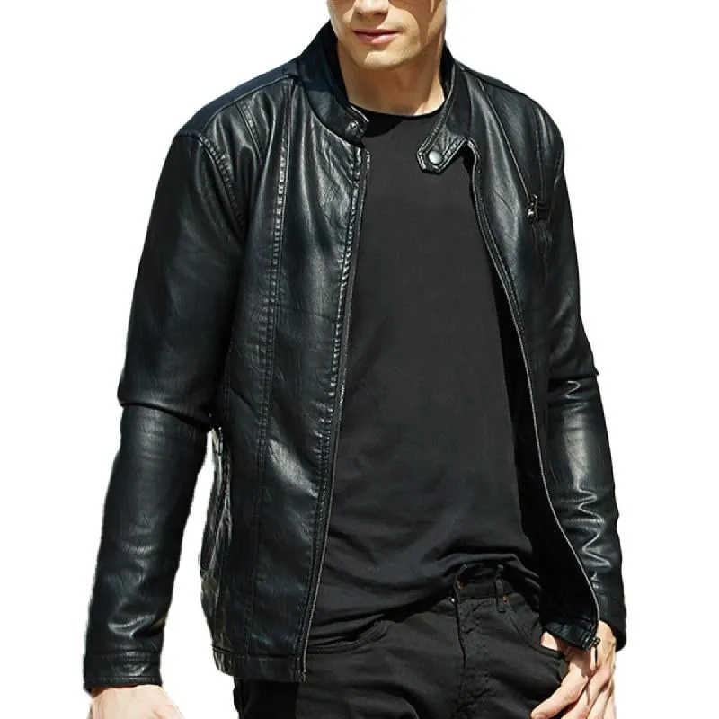 Men'S Vintage Tough Guy Rugged Style Stand Collar Leather Jacket 50816108Y sold by Manly