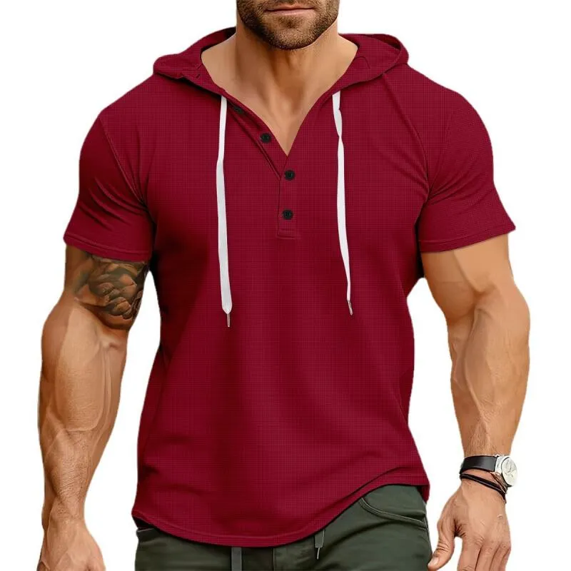 Men's Casual Henley Collar Waffle Slim Fit Short Sleeve Hoodie 42061428M sold by Manly