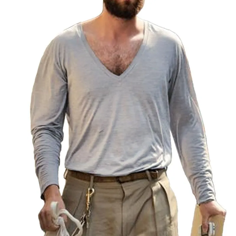 Men's Casual Solid Color Deep V-Neck Long-Sleeved T-Shirt 03993320M sold by Manly
