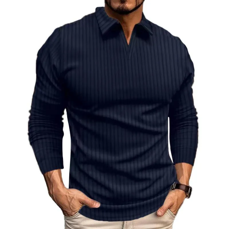Men's Casual Solid Color Striped V-Neck Long Sleeve POLO Shirt 93502950Y sold by Manly