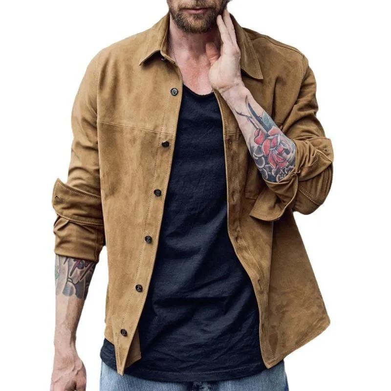 Men's Vintage Suede Lapel Loose Long Sleeve Shirt 99340536M sold by Manly