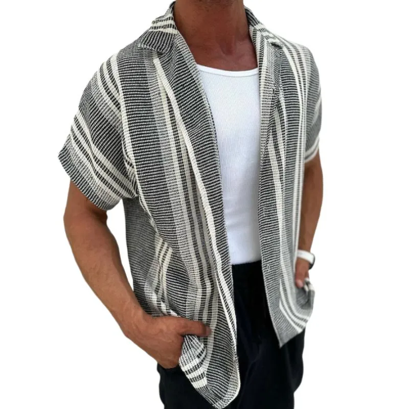 Men's Casual Cotton and Linen Lapel Short-sleeved Shirt 37857595TO sold by Manly