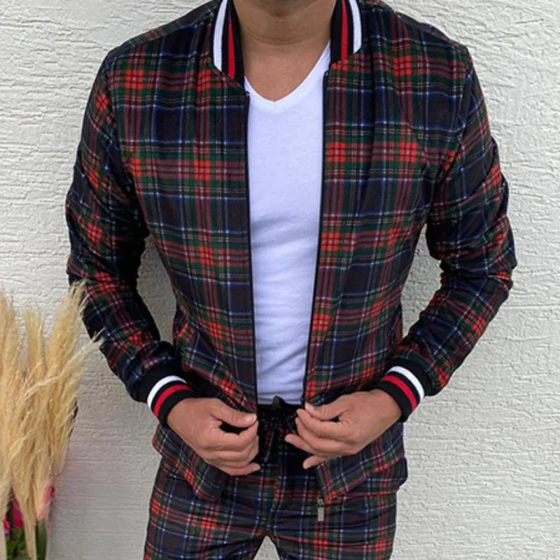 Men's Retro Casual Plaid Print Zipper Two-Piece Set 92206969TO sold by Manly product image thumbnail 3
