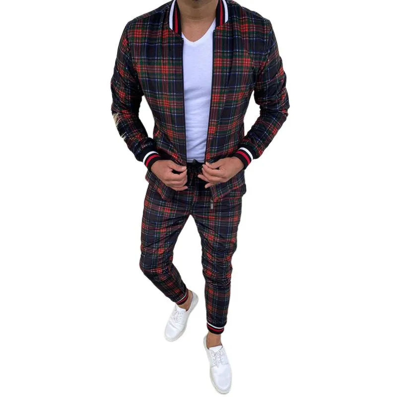 Men's Retro Casual Plaid Print Zipper Two-Piece Set 92206969TO made by Manly