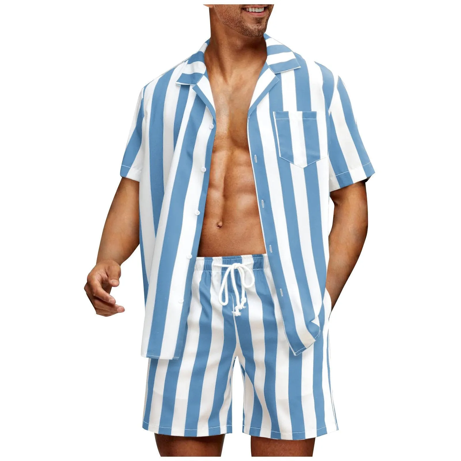 Men's Casual Striped Print Short Sleeve Shirt Shorts Set 98173130Y sold by Manly product image thumbnail 2
